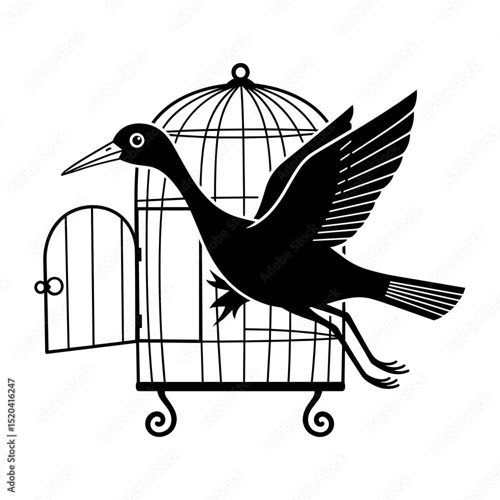 Fototapeta premium Black Bird Escaping Open Cage Black and White Flight Illustration