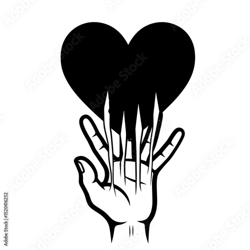 Black Hand with Claws Grasping a Black Heart on White Background