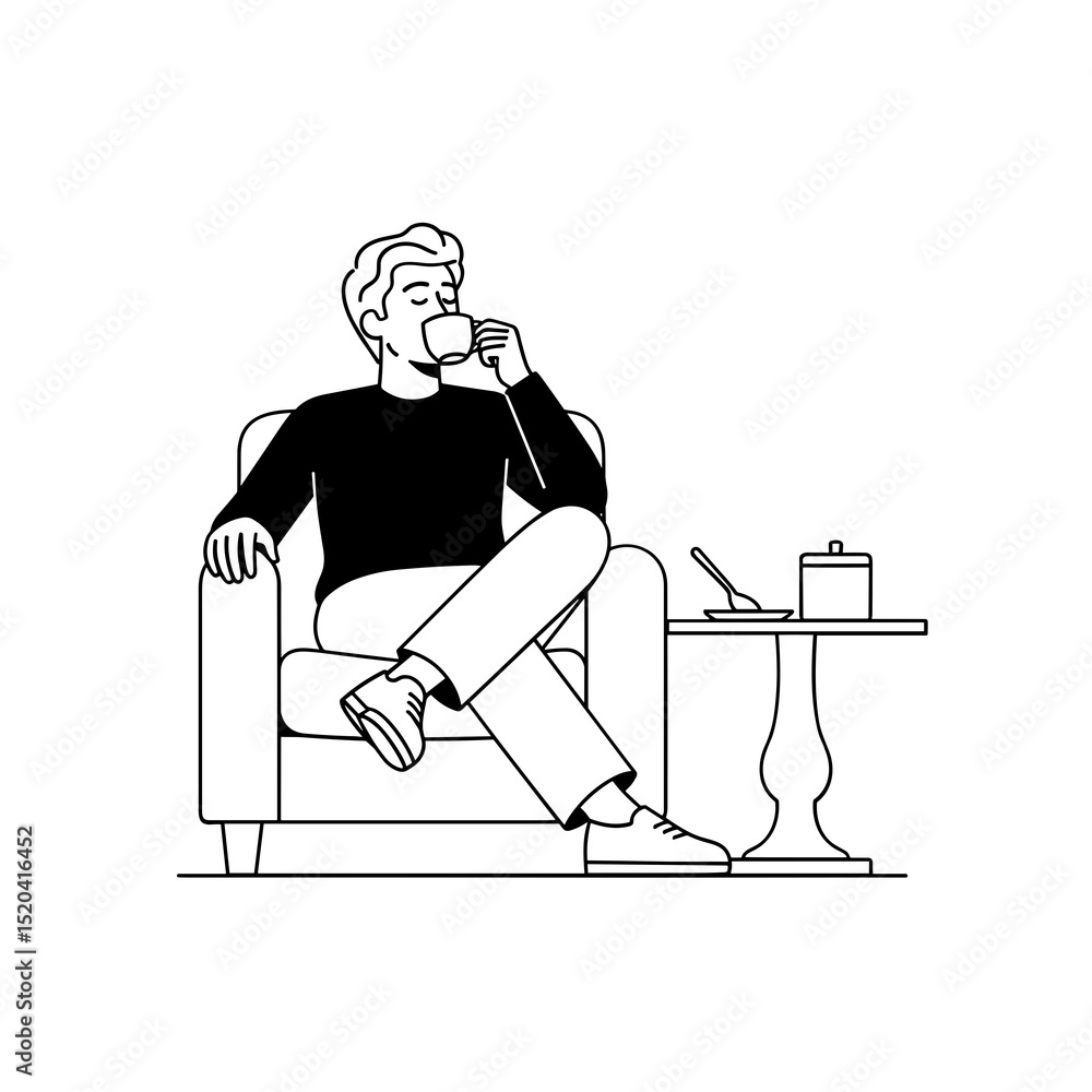 Obraz premium Man Relaxing in Armchair with Coffee Mug Line Art Illustration
