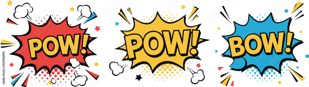 Fototapeta premium Comic Style Sound Effects Pow Pow Bow Bright Red Yellow Blue Vector Illustration 