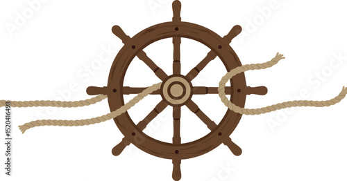 Ship steering wheel with rope nautical vector illustration in brown and beige colors 