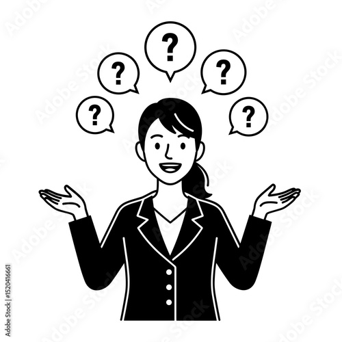 Smiling Woman in Business Attire Surrounded by Question Marks