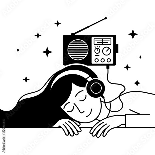 Woman Sleeping Peacefully with Headphones and Retro Radio in Monochrome Illustration