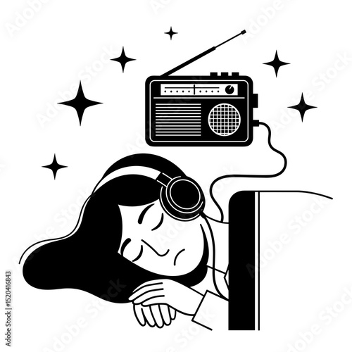 Woman Sleeping with Headphones on While Listening to a Vintage Radio in a Monochromatic Illustration