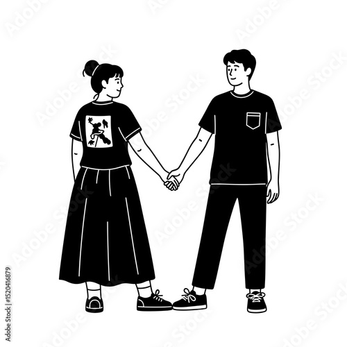 Young Couple Holding Hands Black and White Minimalist Illustration