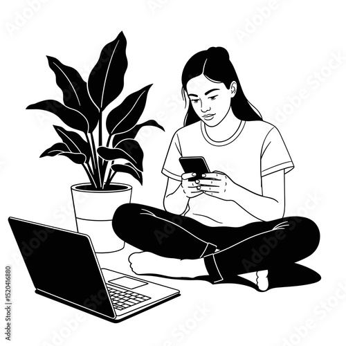 Young Woman Using Phone and Laptop While Sitting on the Floor with a Houseplant