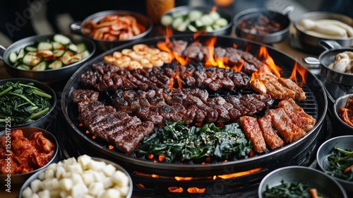 A wide-angle shot of a stylish Korean barbecue setup, featuring sizzling cuts of beef, pork belly, and spicy marinated chicken grilling over an open flame, 