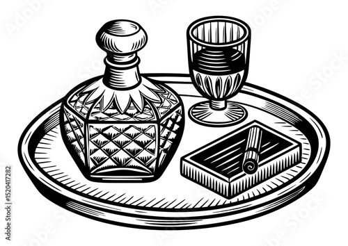An antique-style illustration depicts a decanter, a glass, and a cigar with an ashtray on a serving tray.