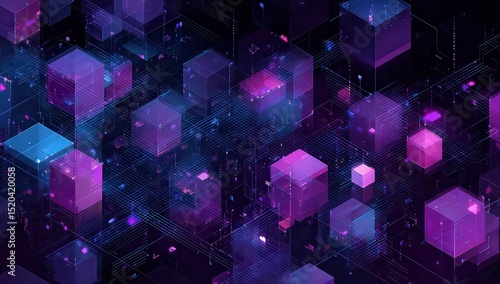 A digital illustration depicting blocks and lines representing blockchain technology, with shades of purple and blue on a dark background. The design is sleek and modern.