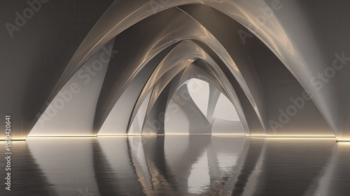3d illustration of abstract minimal architecture background, geometric architectural with chrome or metallic arch design.