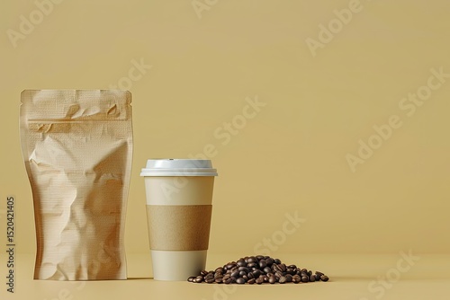 High Detail Image of Coffee Bean Pouch and Paper Cup