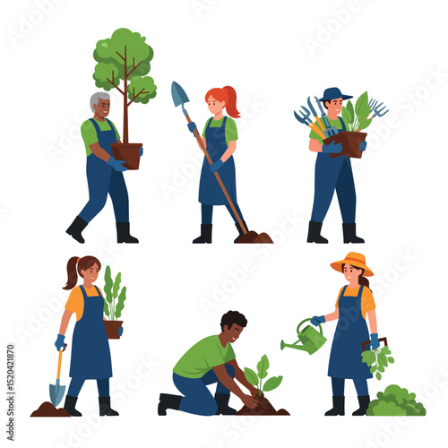 People Gardening and Planting Trees Illustration