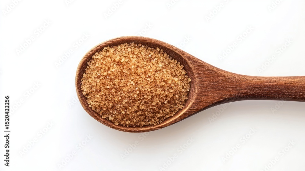 Wooden spoon full of brown sugar granules with a rustic appearance close up Wooden spoon full of brown sugar granules with a rustic appearance close up