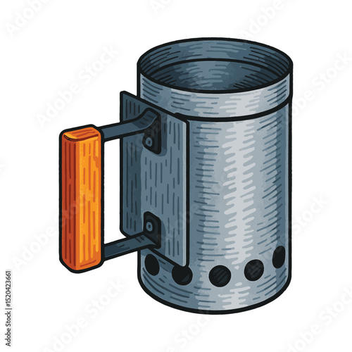 Charcoal Chimney Starter Vector – Metal Can with Wooden Handle, Isolated