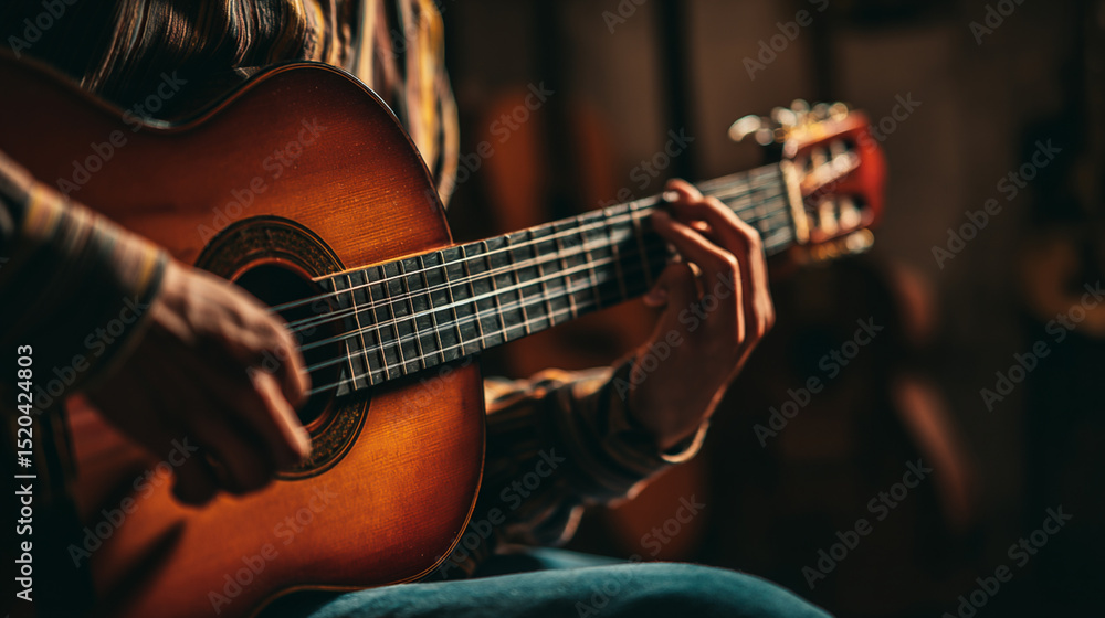 Guitar Music Playing: Close-Up of Male Musician's Hand Picking Acoustic Strings in Relaxed Jam Session Guitar Music Playing: Close-Up of Male Musician's Hand Picking Acoustic Strings in Relaxed Jam Session