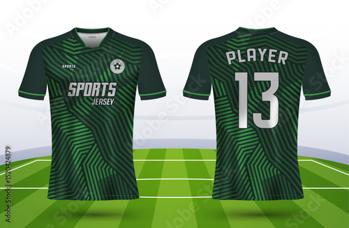 T-shirt sport jersey design template with geometric line stripes background. Vector Illustration