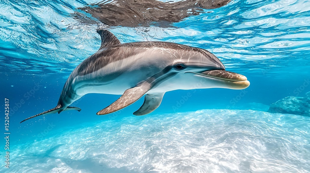 Fototapeta premium a dolphin swimming beneath a transparent layer of ocean ice, captured from underneath, ice textures and light distortions visible, clean high-contrast blue tones