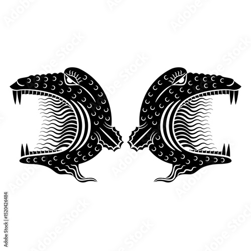 Symmetrical design with two heads of fantastic monsters. Black and white silhouette.
