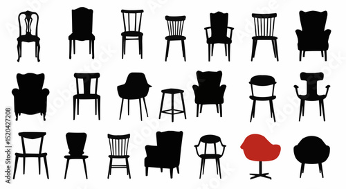A vector set of furniture icons illustrates various home and office interior objects like chairs, tables, and armchairs