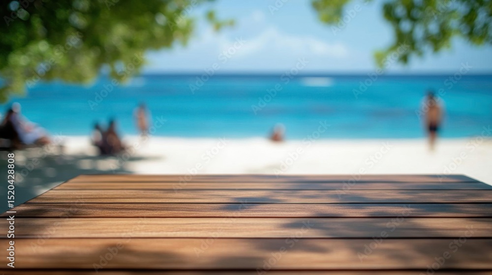 Fototapeta premium Enjoy Summer at Tropical Beach View with Wooden Table and Beautiful Scenery