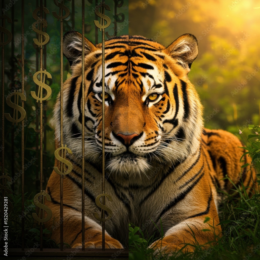 Fototapeta premium Majestic tiger in sunlit forest for international tiger day conservation campaign