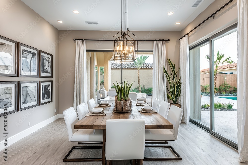 Fototapeta premium Modern dining room with natural wood and white chairs, large windows overlooking outdoor patio, pendant lights above wooden table, framed art, light curtains, spacious layout, and warm lighting