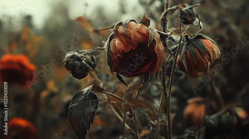 Autumnal rose senescence displaying evocative beauty in muted colors