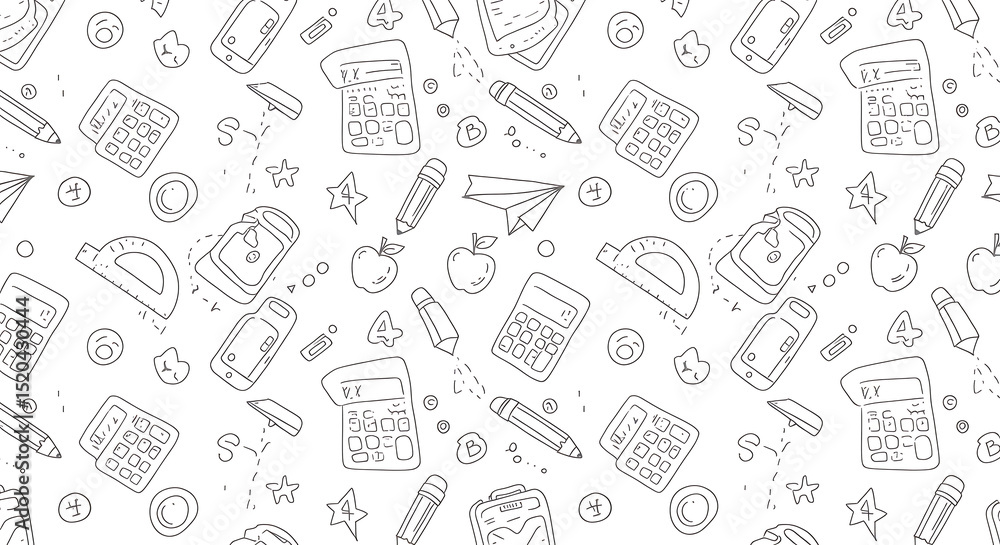 Back to School Seamless Pattern Doodle Style Illustration of School Supplies and Elements Back to School Seamless Pattern Doodle Style Illustration of School Supplies and Elements