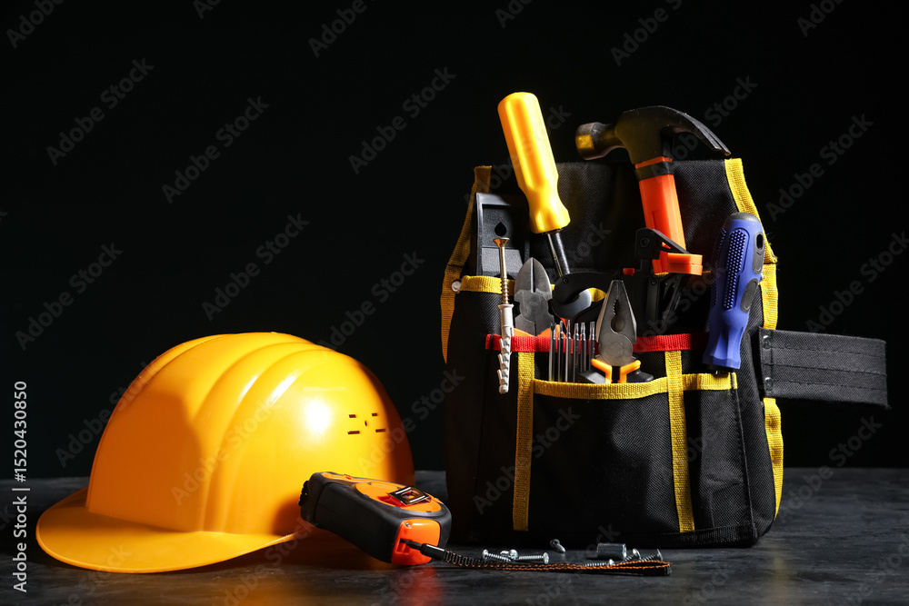 Fototapeta premium Bag with construction tools and hardhat on black background