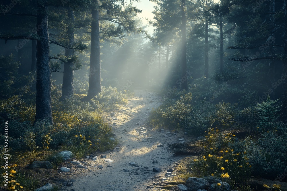 Obraz premium Exploration through a Nature Scene. Sunlit Forest Pathway with Tall Trees and Morning Light