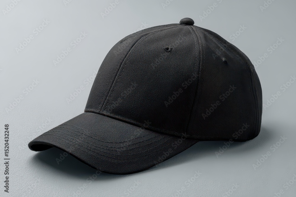 A simple, solid black baseball cap, slightly angled, sits on a neutral gray background. The cap is made of a seemingly soft, structured fabric A simple, solid black baseball cap, slightly angled, sits on a neutral gray background. The cap is made of a seemingly soft, structured fabric