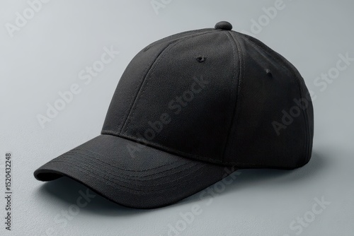 A simple, solid black baseball cap, slightly angled, sits on a neutral gray background.  The cap is made of a seemingly soft, structured fabric