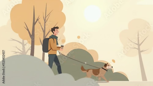 Man and Dog Stroll Through Autumn Park in Warm Sunshine Cartoon Style
