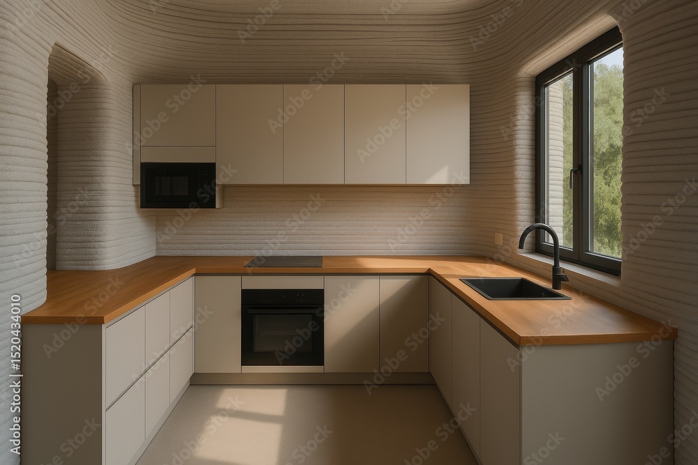 Innovative 3d printed concrete kitchen interior design with modern appliances and minimalist aesthetics