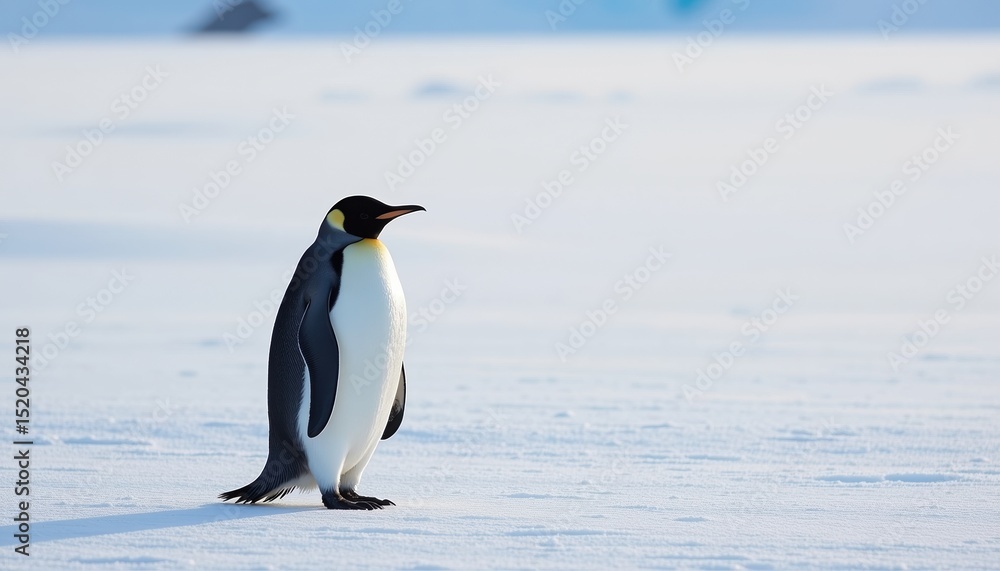 Fototapeta premium A solitary emperor penguin standing on snowy, icy terrain in a cold, remote Antarctic landscape.