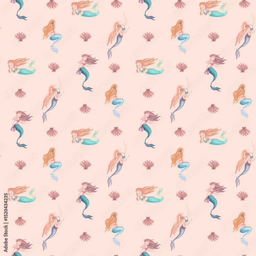 Fototapeta premium Delicate watercolor pattern in green with mermaids, shells. Seamless watercolor pattern for kids on the theme of sea life.