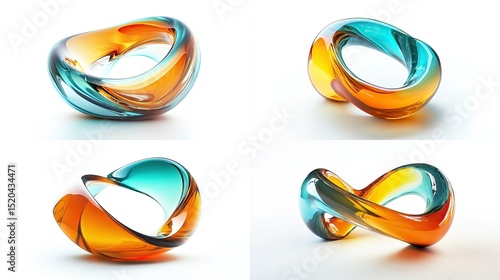 Abstract glass sculptures with vibrant colors and unique shapes on white background