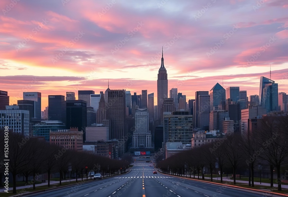 Naklejka premium Stunning New York City skyline at dawn, empty streets, abundant copy space, concrete jungle, morning