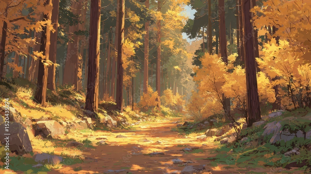 Obraz premium Autumn Forest Path Sunlight Dappled Trail Rocks Trees,