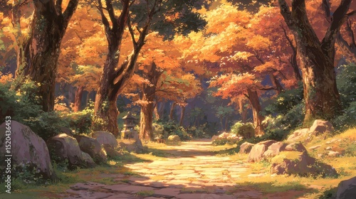 Autumnal Forest Path Stone Pathway Golden Leaves Sunlight