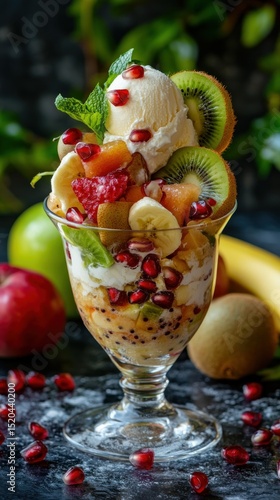 Blended Fruit salad with kiwi, banana, apple, pomegranate and other fruits with Vanilla ice cream