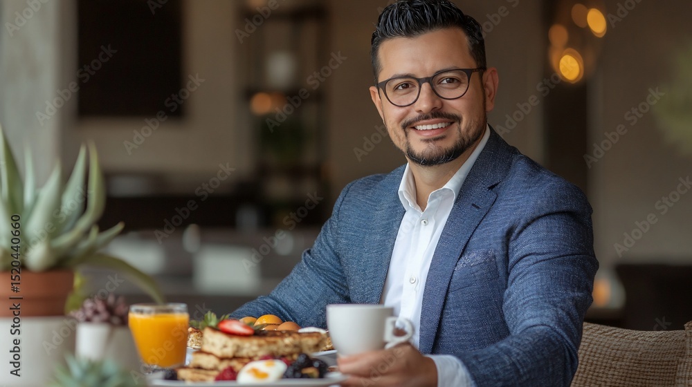 Smiling man in suit enjoys breakfast at a restaurant. Smiling man in suit enjoys breakfast at a restaurant.