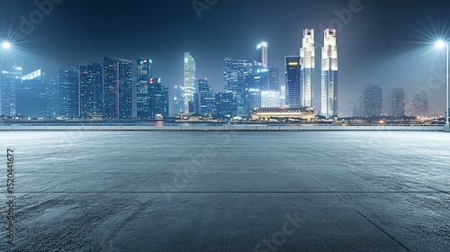 Empty city plaza at night with modern cityscape in background.