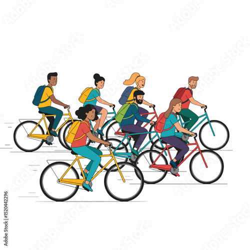 Group of People Riding Bicycles – Active Lifestyle & Urban Commuting Illustration