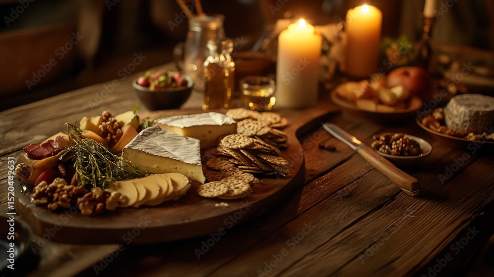 Naklejka premium Rustic wooden board with cheese, crackers, fruit, nuts, and candles on a wooden table.