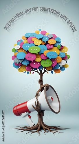 Dialogue tree with colorful speech bubbles, supported by megaphone, for International Day for Countering Hate Speech campaign and awareness