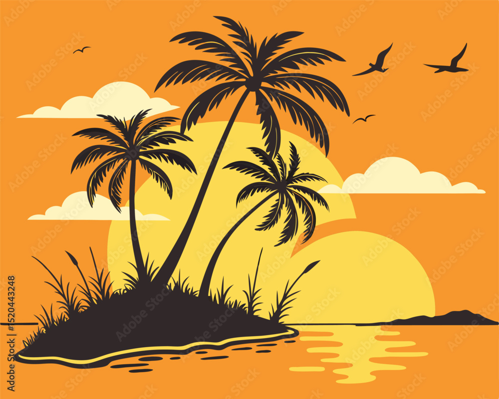Fototapeta premium Tropical island scene with palm trees sunset birds and water reflection in a flat design.