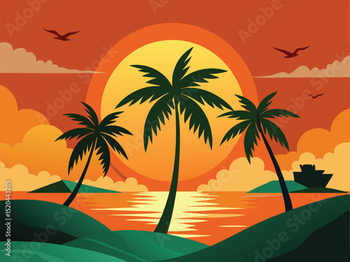 Sunset scene with palm trees on a tropical beach vector illustration perfect for vacation themes.
