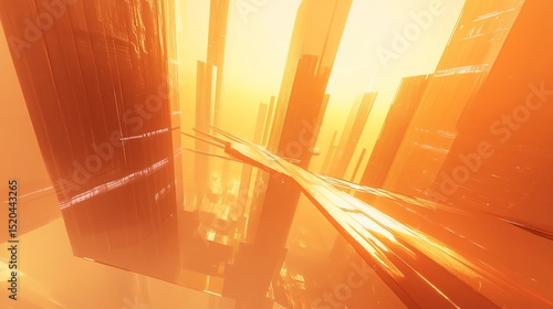 Futuristic city streetscape with reflective surfaces and warm orange light.