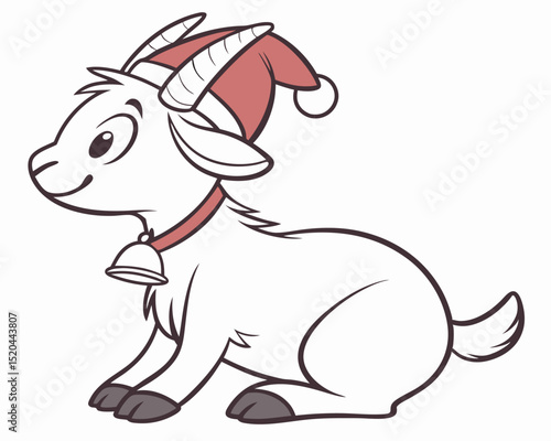 Festive Goat Wearing Santa Hat, Holiday Animal Cartoon Illustration